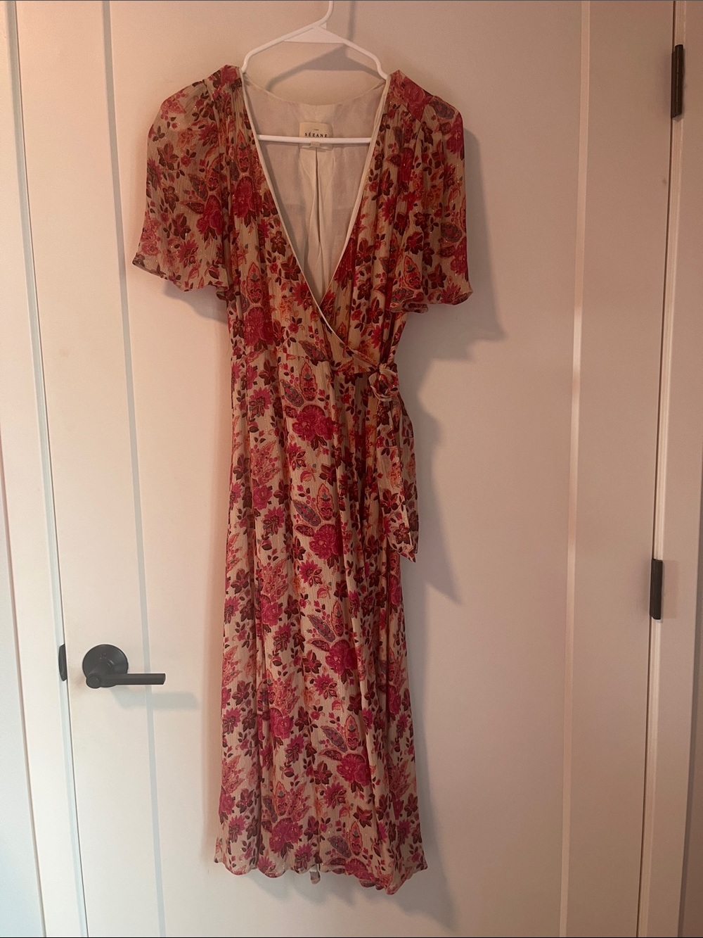 Sezane Pink Floral Wrap Midi Dress